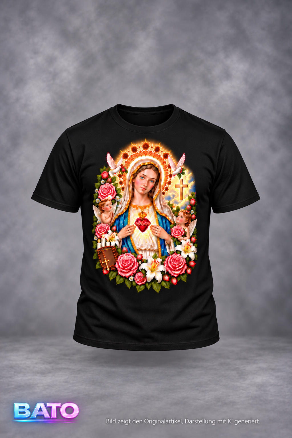 Schwarzes Herren T-Shirt mit großflächigem Maria-Motiv – Heiliges Herz, Engel, Rosen, Lilien und Kreuz auf der Vorderseite