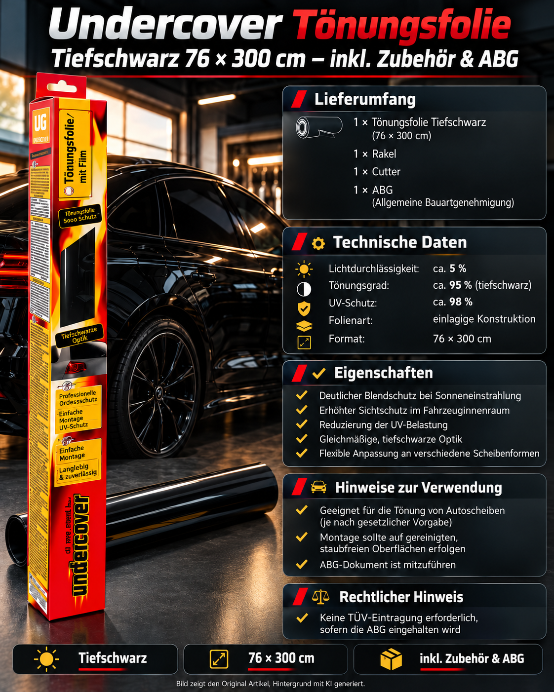 Undercover Scheiben / Fenster Tönungsfolie Tiefschwarz 76 × 300 cm – inkl. Zubehör & ABG