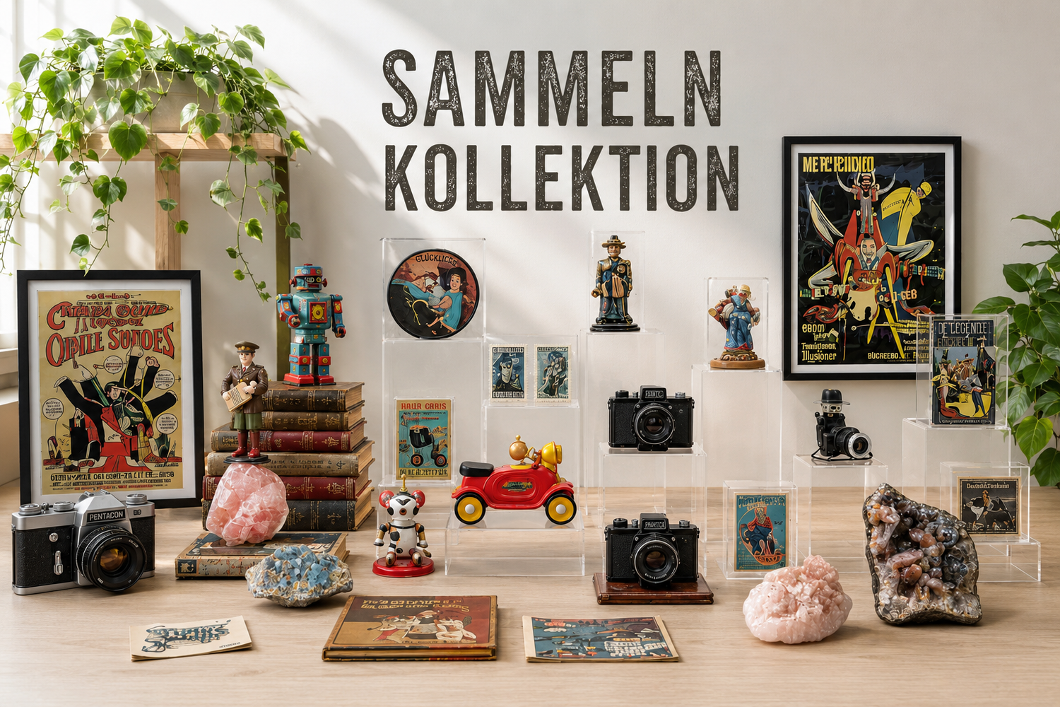 Sammeln Kollektion – Vintage Spielzeug, Retro-Kameras, Mineralien und nostalgische Poster als kuratierte Sammlung