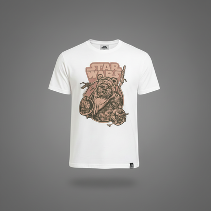 RE:COVERED x Star Wars Herren T-Shirt – Ewok Print, Weiß, 100% Baumwolle, Regular Fit, Kurzarm, Rundhals, Neu mit Etikett