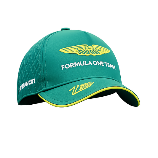 Aston Martin F1 Team Snapback Baseball Cap green – BOSS Formula One Team embroidery with gold wing logo and driver signature, peak with yellow trim