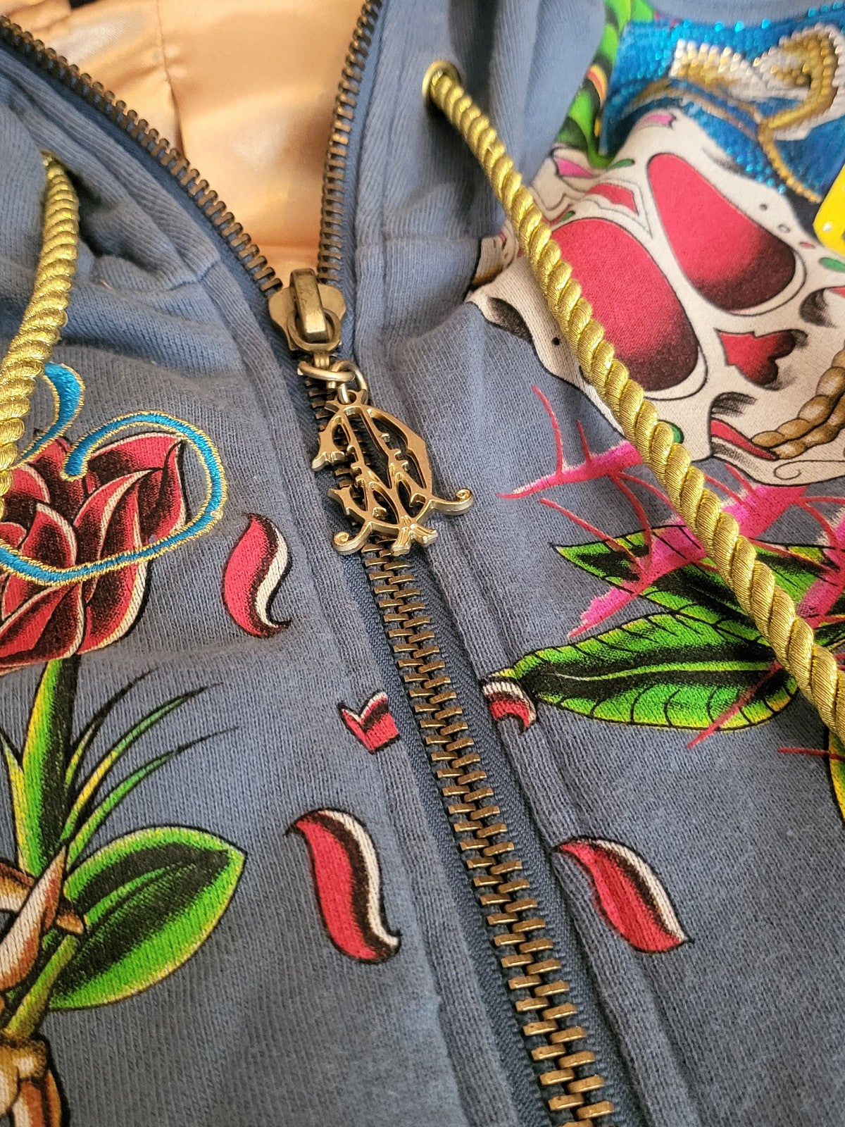 Y2K Christian Audigier Hoodie Strass Skull Tattoo Allover Zip Blau Vintage