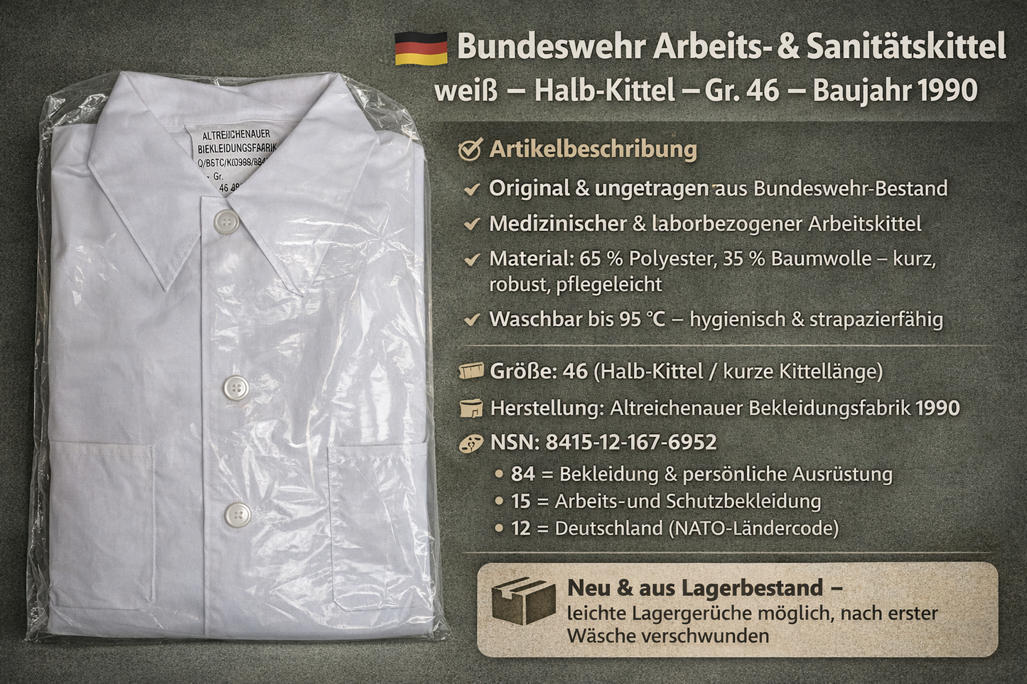 Original Bundeswehr Labor Arbeitskittel weiß Halb-Kittel Gr. 46 Neuware