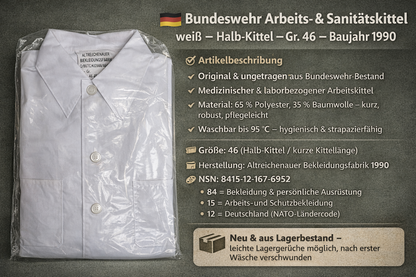 Original Bundeswehr Labor Arbeitskittel weiß Halb-Kittel Gr. 46 Neuware