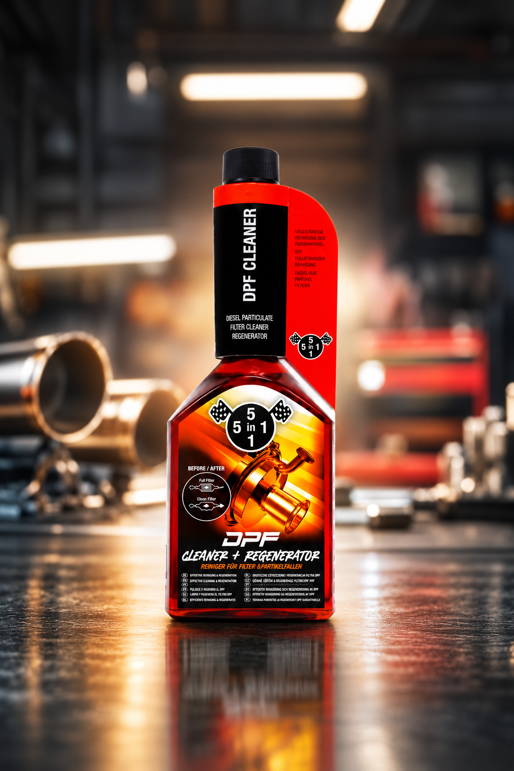 5in1 DPF Cleaner + Regenerator 310ml – Dieselpartikelfilterreiniger Flasche in einer Kfz-Werkstatt