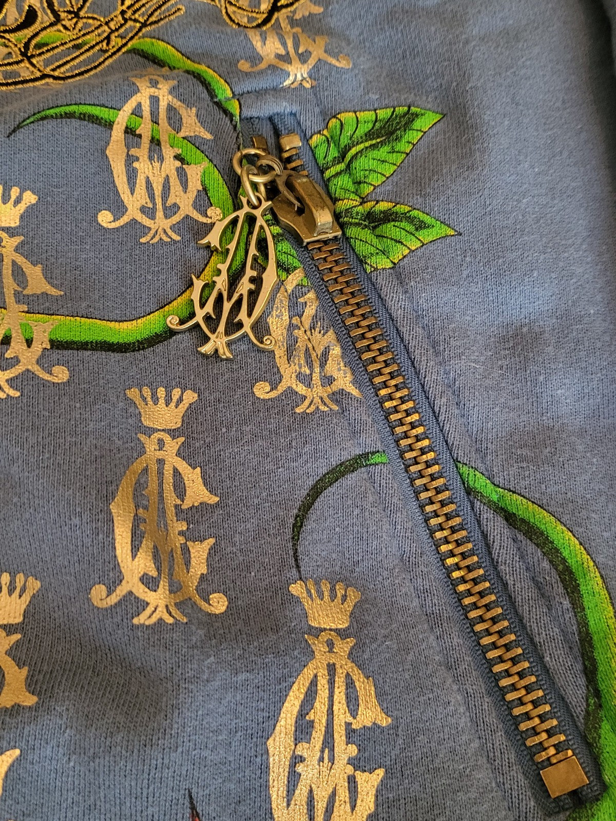 Y2K Christian Audigier Hoodie Strass Skull Tattoo Allover Zip Blau Vintage