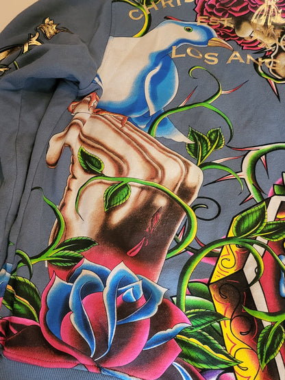 Y2K Christian Audigier Hoodie Strass Skull Tattoo Allover Zip Blau Vintage