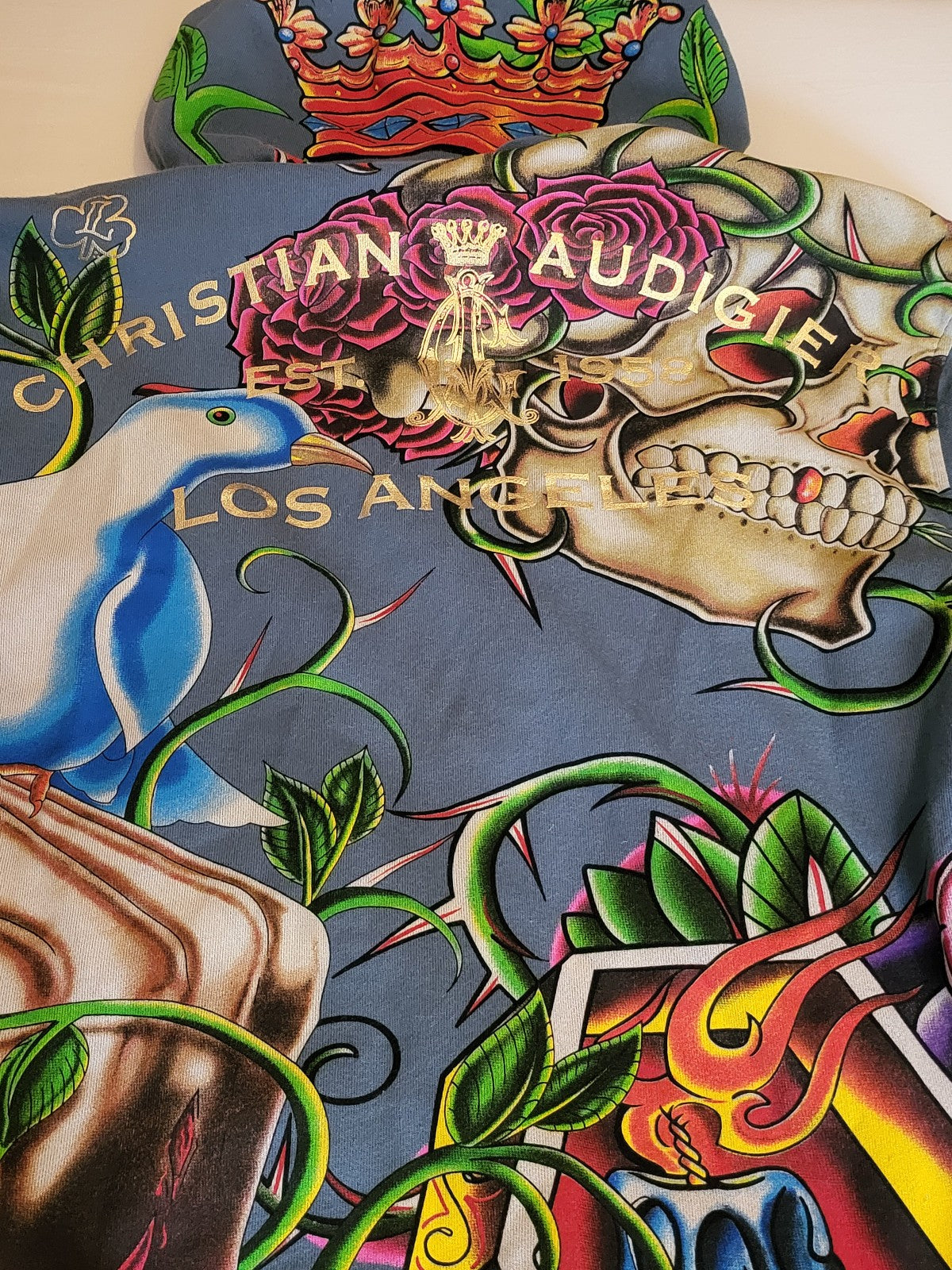 Y2K Christian Audigier Hoodie Strass Skull Tattoo Allover Zip Blau Vintage