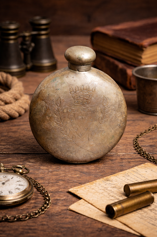 Versilberter Flachmann mit Wappen-Gravur – runde Form, Krone und Schild, ca. 9 × 8 cm, gebrauchter Vintage-Zustand