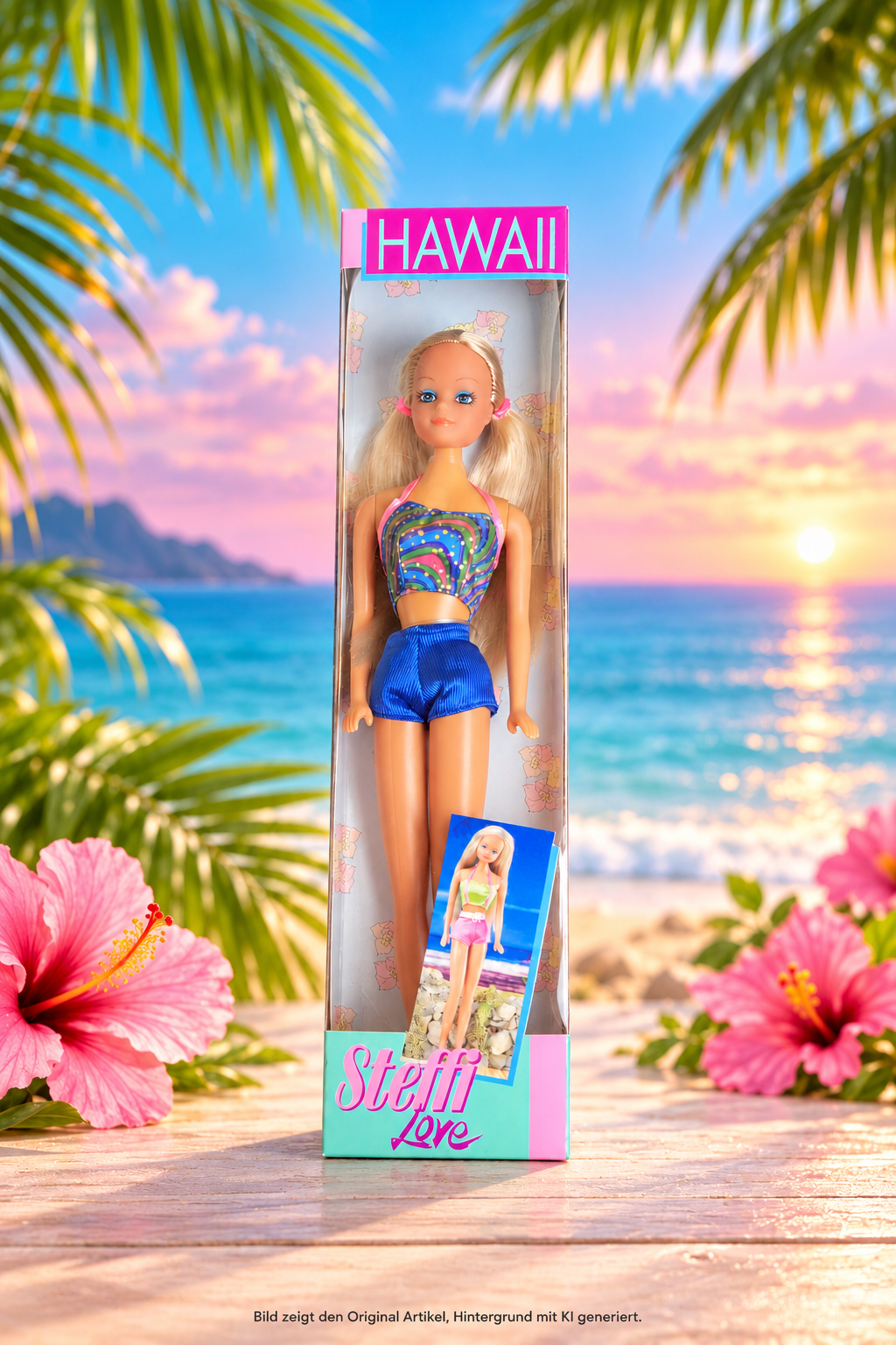 Simba Steffi Love Hawaii Puppe mit blonden Haaren, buntem Oberteil und blauen Shorts in Originalverpackung vor KI-generiertem Strandhintergrund.⠋