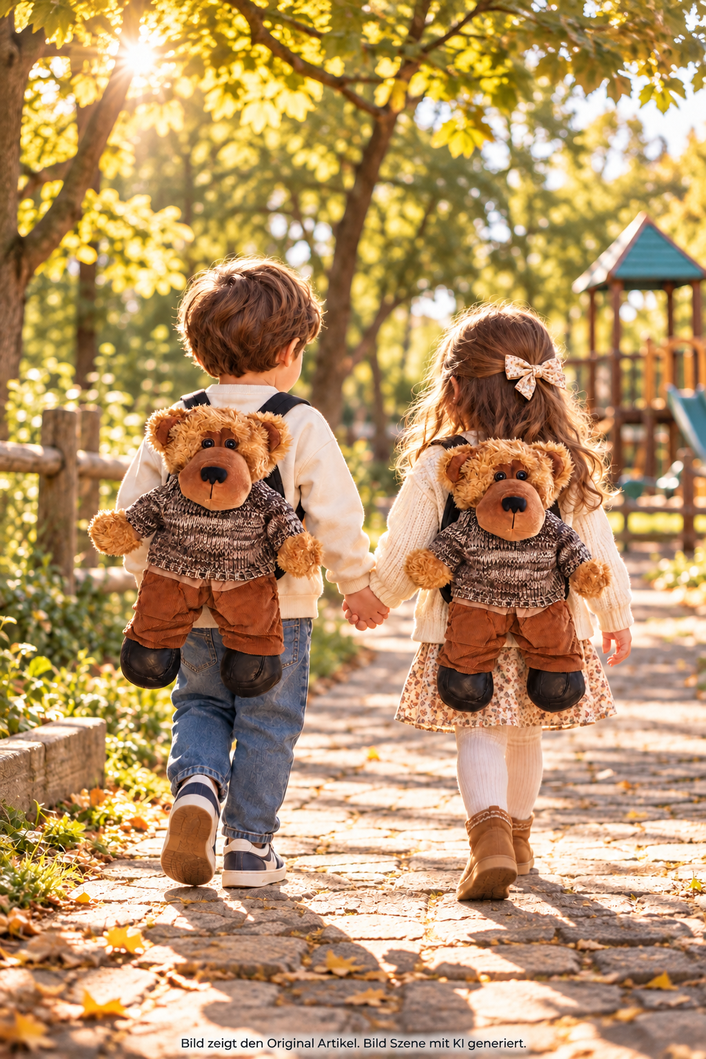 Zwei Kinder mit Teddybär-Rucksäcken mit Strickpullover und brauner Hose auf einem sonnigen Parkweg, KI-generierte Szene.⠋

