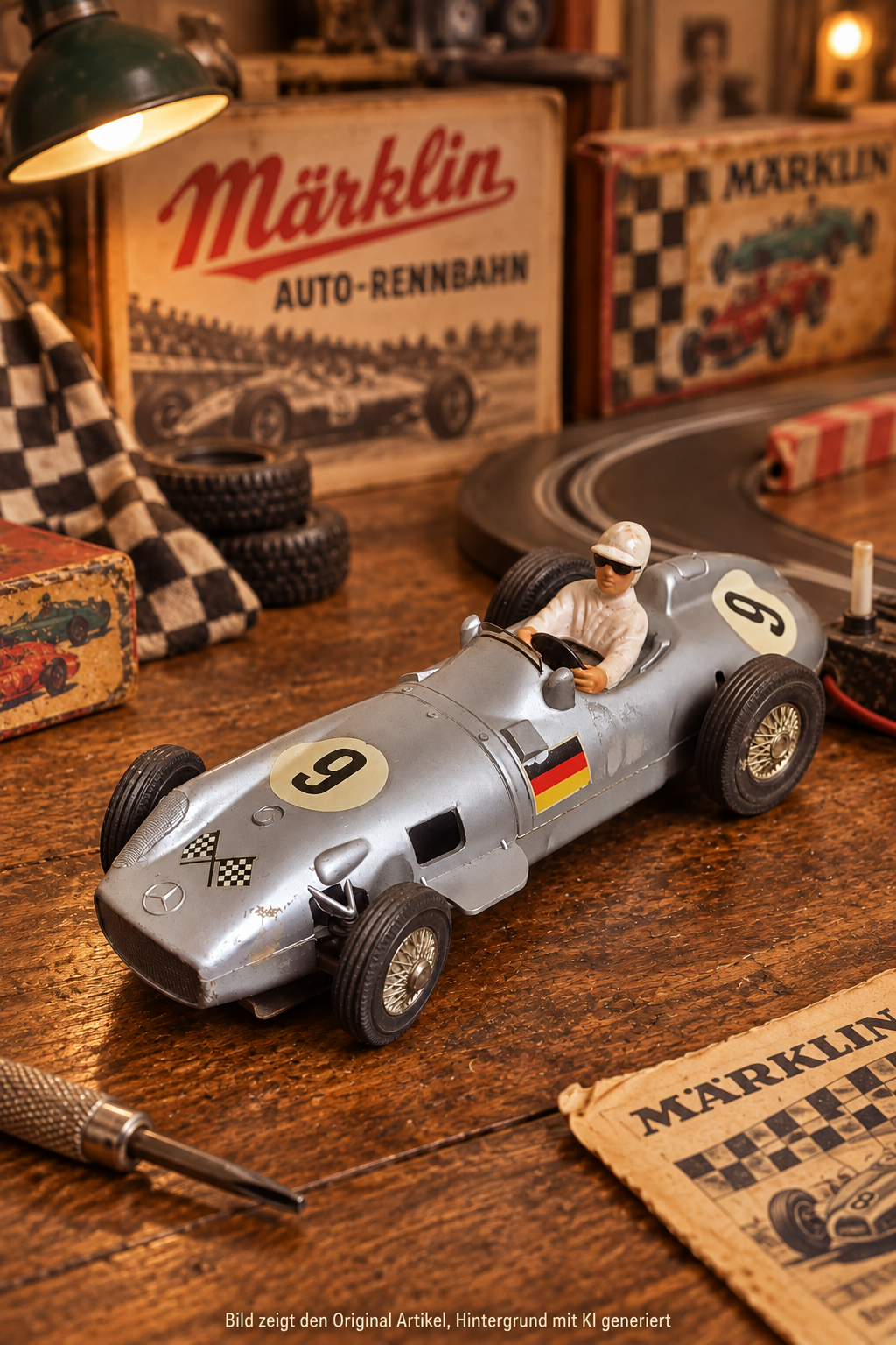 Märklin Sprint 1300 Mercedes-Benz Monoposto 1934 Nr. 9 Slotcar in Silber mit Fahrerfigur und Deutschlandfahne, Made in Germany – vintage Modellauto auf Holztisch mit original Märklin Auto-Rennbahn Verpackung im Hintergrund