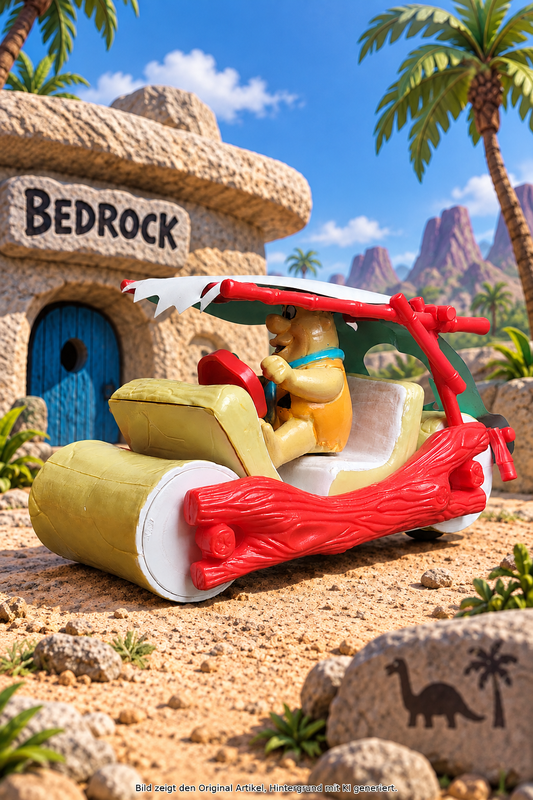 Fred Feuerstein Auto 1992 Hanna-Barbera The Flintstones mit Federantrieb – vintage Spielzeugauto in Beige und Rot mit Fred-Figur vor Bedrock-Kulisse