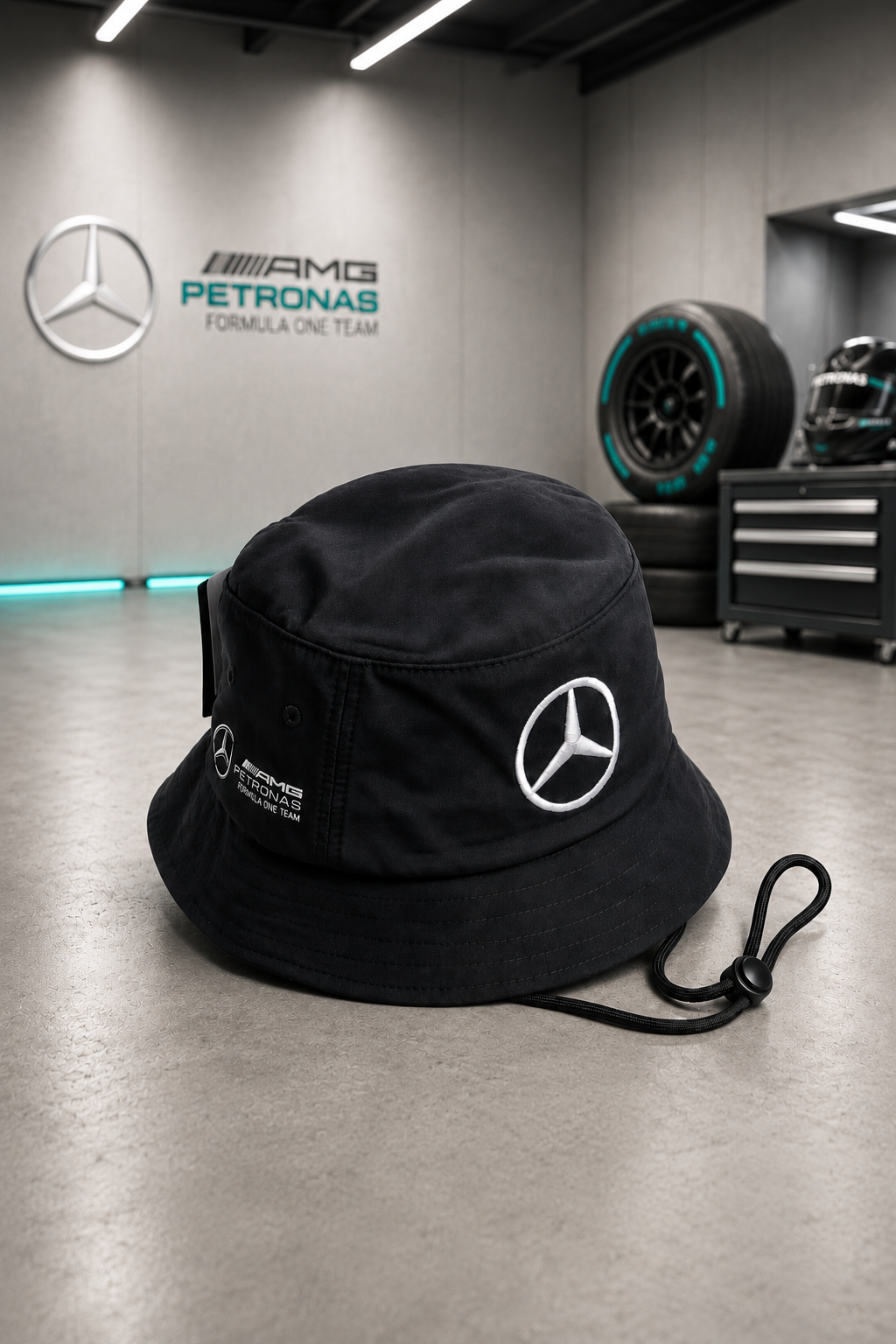 Mercedes-AMG Petronas Formula One Team Bucket Hat – Schwarz mit neon-grüner Innenseite, gesticktes Logo, OSFA