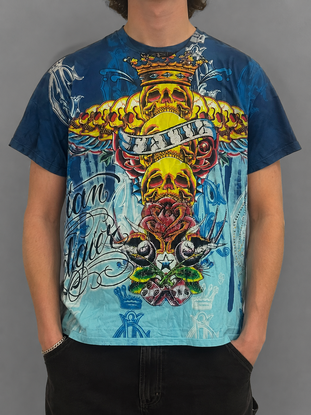 Christian Audigier Vintage Los Angeles T-Shirt  Y2K Skull Rhinestone Allover Print