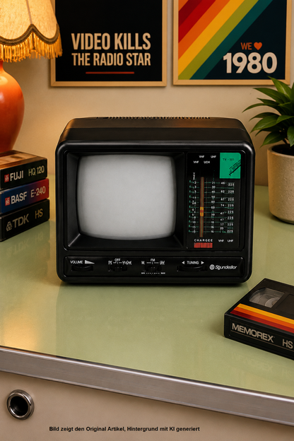 Roadstar TV-412E Vintage Mini-Fernseher, 5 Zoll Schwarz-Weiß-Bildschirm, schwarzes Gehäuse, tragbar – auf einem Schreibtisch mit VHS-Kassetten im 80er-Jahre-Ambiente