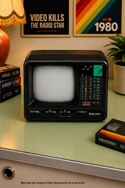 Roadstar TV-412E Vintage Mini-Fernseher, 5 Zoll Schwarz-Weiß-Bildschirm, schwarzes Gehäuse, tragbar – auf einem Schreibtisch mit VHS-Kassetten im 80er-Jahre-Ambiente