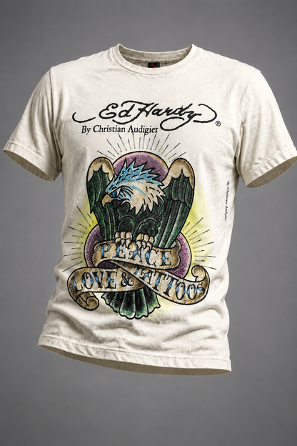 Ed Hardy T-Shirt „Peace Love & Tattoos" mit Rhinestone-Besatz, Vintage Y2K Style, Größe M – weiß
