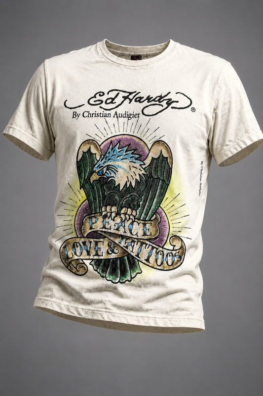 Ed Hardy T-Shirt „Peace Love & Tattoos" mit Rhinestone-Besatz, Vintage Y2K Style, Größe M – weiß