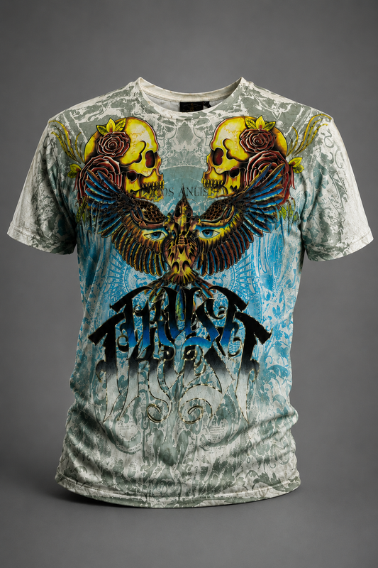 Christian Audigier T-Shirt Skull & Rose Allover-Print, Vintage Y2K Streetwear, Größe L – mehrfarbig