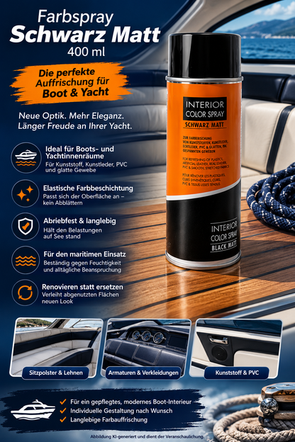 Foliatec Interior Color Spray Schwarz Matt 400 ml – Farbspray für Kunststoff, Leder und PVC auf Booten und Yachten
