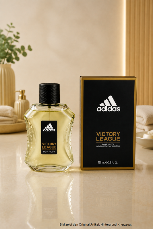 adidas Victory League Eau de Toilette 100 ml – Flakon und Verpackung in elegantem Badezimmer-Setting