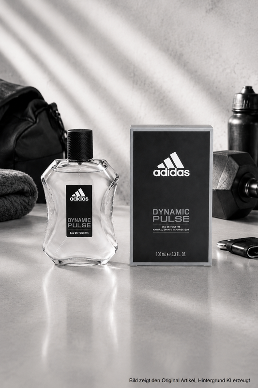 adidas Dynamic Pulse Eau de Toilette 100 ml – Flakon und Verpackung mit sportlichem Gym-Accessoires-Setting