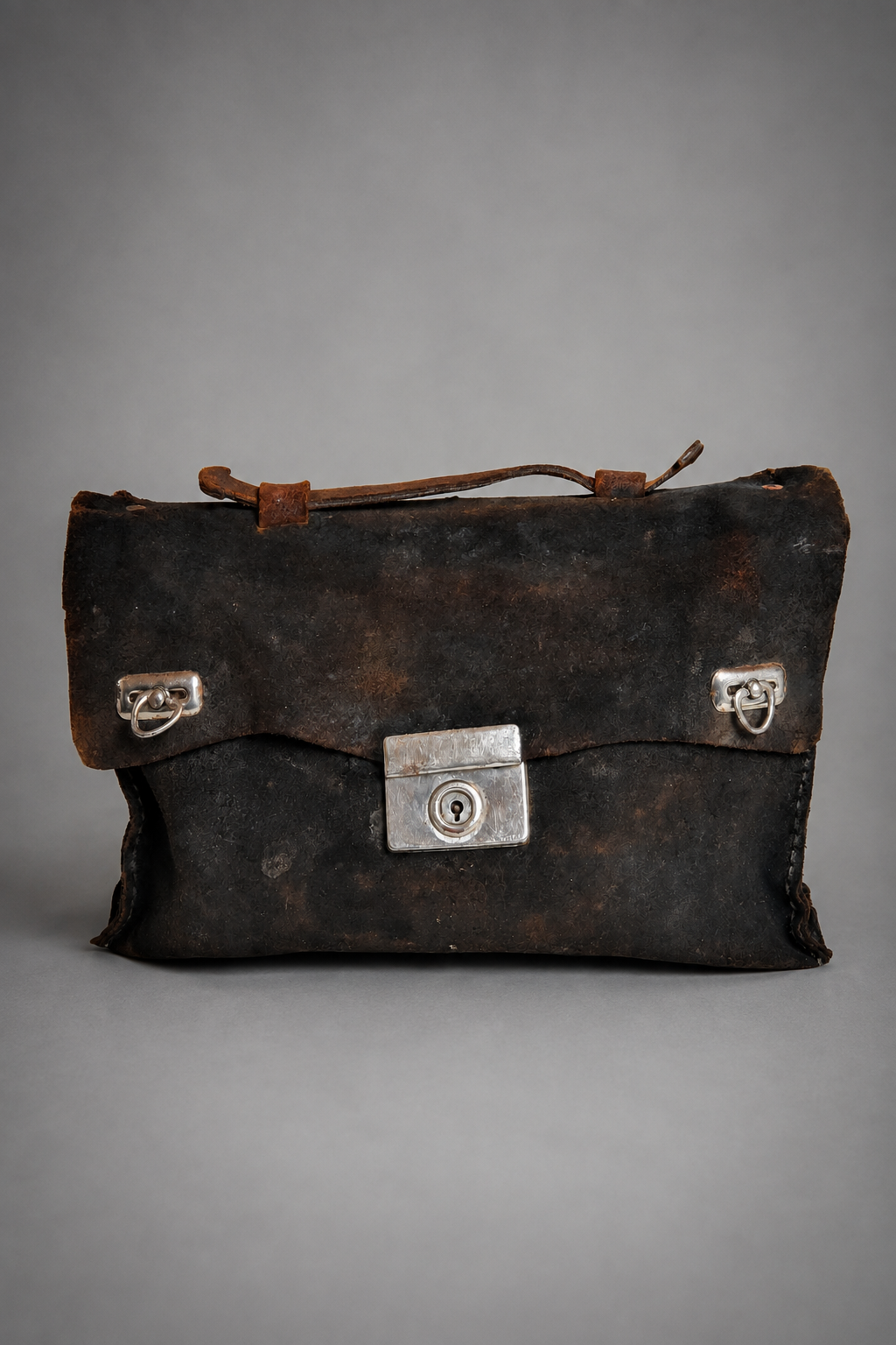 Vintage Leder Aktentasche 30er 40er Jahre – antike Ledertasche mit Metallschloss und Tragegriff, Frontalansicht