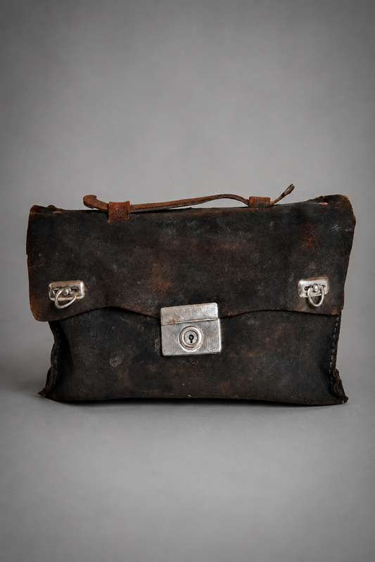 Vintage Leder Aktentasche 30er 40er Jahre – antike Ledertasche mit Metallschloss und Tragegriff, Frontalansicht