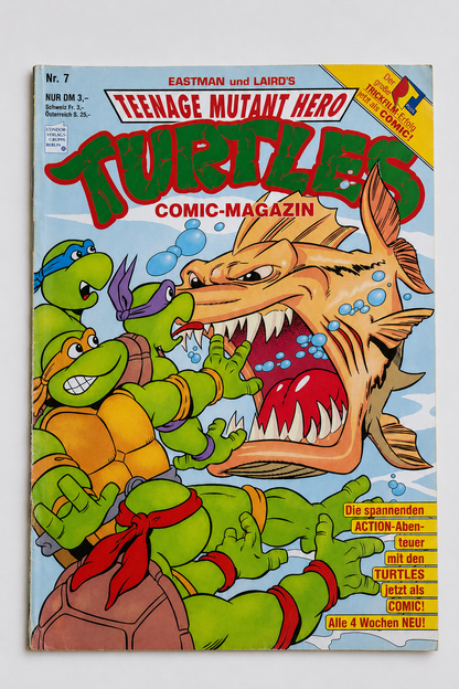 Teenage Mutant Hero Turtles Comic-Magazin Nr. 7 – Eastman und Laird, Condor Verlag – Cover zeigt drei Turtles im Kampf gegen einen riesigen Fisch, deutschsprachige Ausgabe