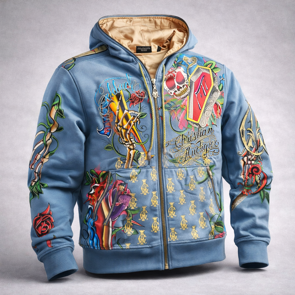 Y2K Christian Audigier Hoodie Strass Skull Tattoo Allover Zip Blau Vintage