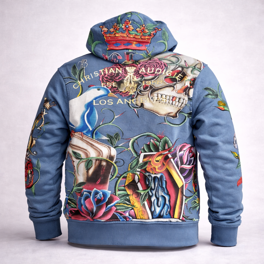 Y2K Christian Audigier Hoodie Strass Skull Tattoo Allover Zip Blau Vintage