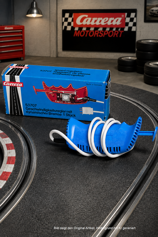 Carrera 53707 Geschwindigkeitsregler mit dynamischer Bremse – blauer Speed Controller mit Originalverpackung auf Slotcar-Bahn