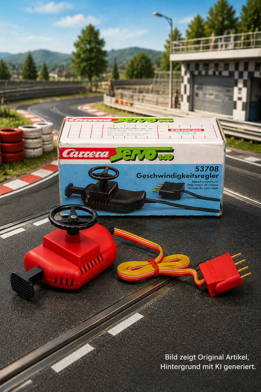 Carrera Servo 140 Geschwindigkeitsregler 53708 – roter Handregler mit Kabel und Originalverpackung auf Slotcar-Rennbahn