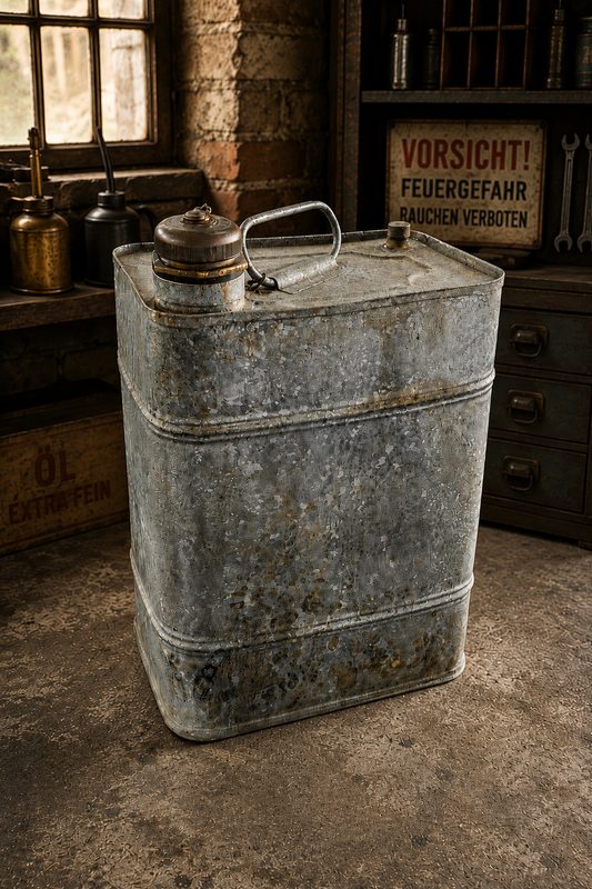 Alter verzinkter Benzin- und Petroleumkanister aus Metall, ca. 1940er–1960er Jahre, mit Schraubverschluss und Sicherungskette, Vintage Industrie-Dekor