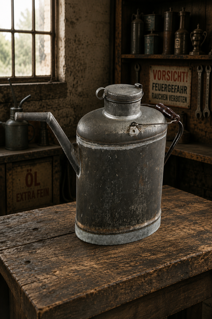 Alte Metall-Ölkanne / Werkstattkanne mit langem Einfüllstutzen und Holzgriff, Industrie Vintage ca. 1940er–1960er Jahre, authentische Patina