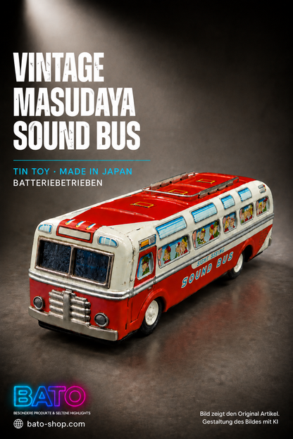 Vintage Masudaya Sound Bus – Blechspielzeug Bus rot/weiß, batteriebetrieben, Made in Japan, 1950er/60er Jahre Tin Toy