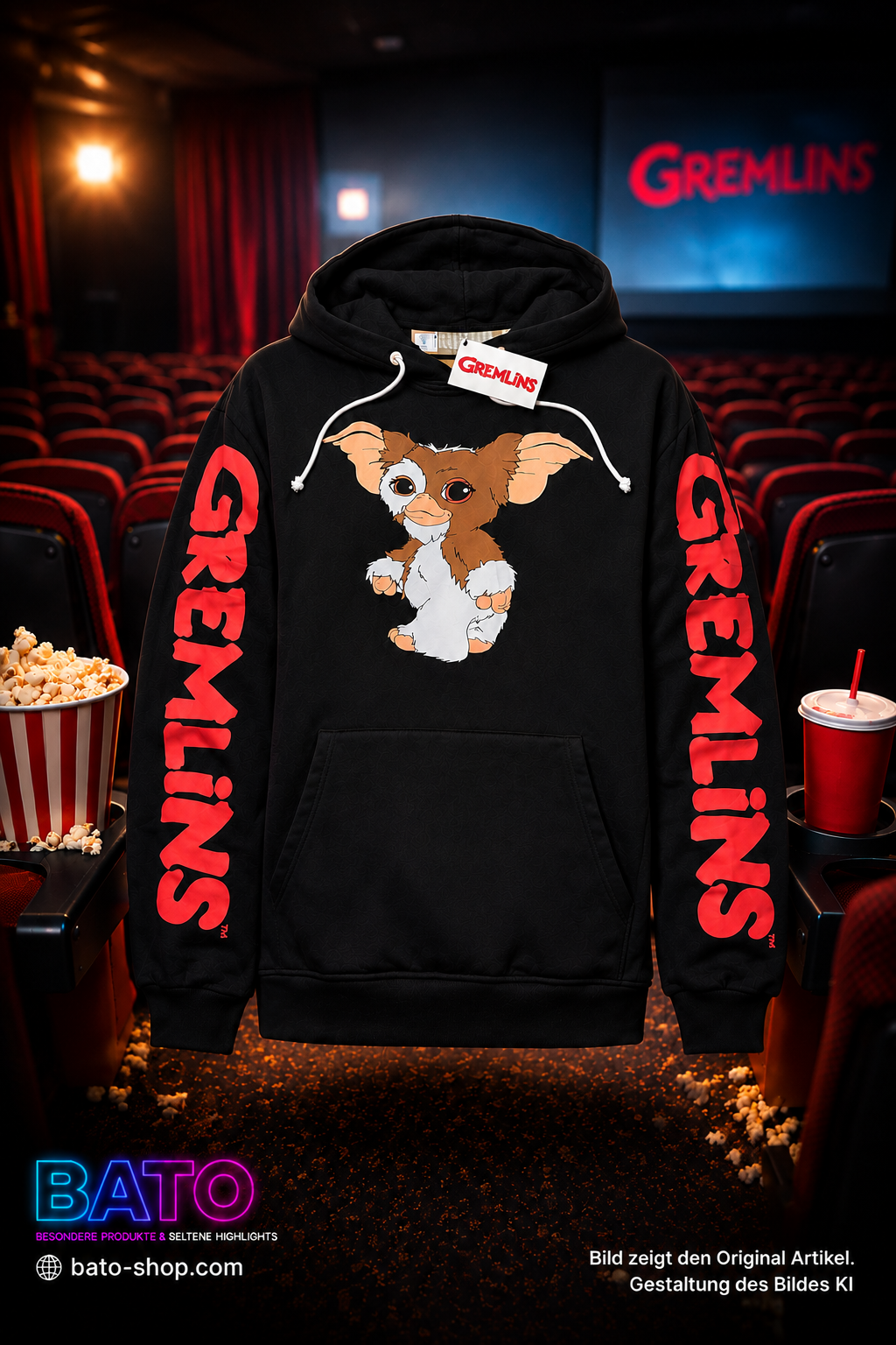 RE:COVERED X Gremlins Herren Hoodie schwarz – Kapuzenpullover mit Gizmo-Print und Gremlins-Schriftzug auf den Ärmeln