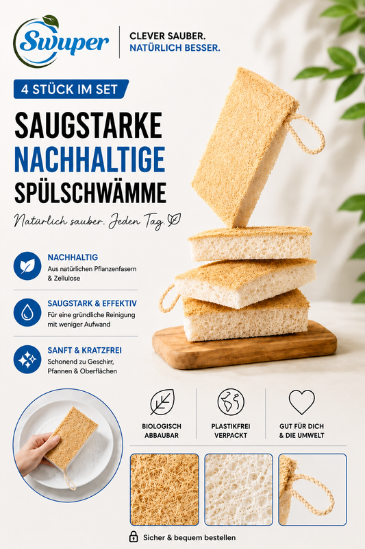 Swuper Luffa Spülschwamm 4er Set – nachhaltig, plastikfrei, saugstark aus natürlichen Pflanzenfasern
