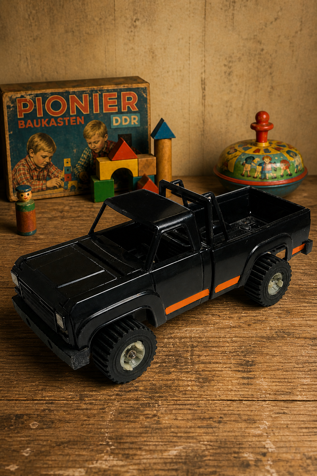 DDR Spielzeugauto ZIM Car Luchs Pickup, ca. 37 cm, schwarz mit orangefarbenen Details, VEB Metallformwerk Parchim, 1980er Jahre
