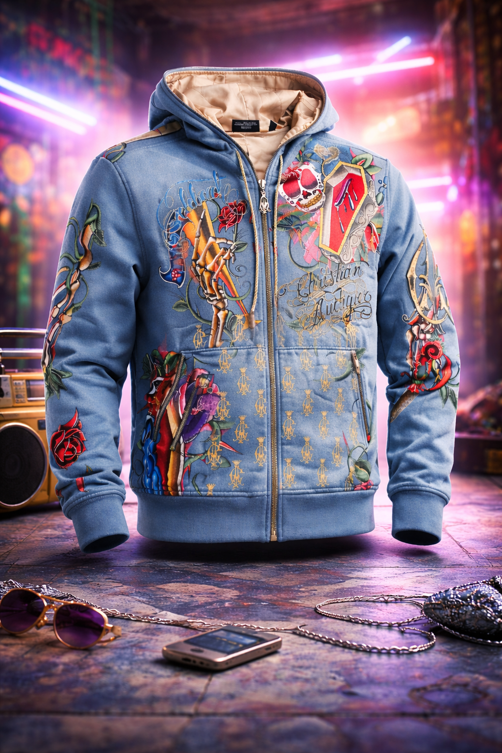Christian Audigier Y2K Hoodie – Allover Skull & Rosen Print, Strass-Besatz, Reißverschluss, Blau, Vintage Streetwear, Größe M