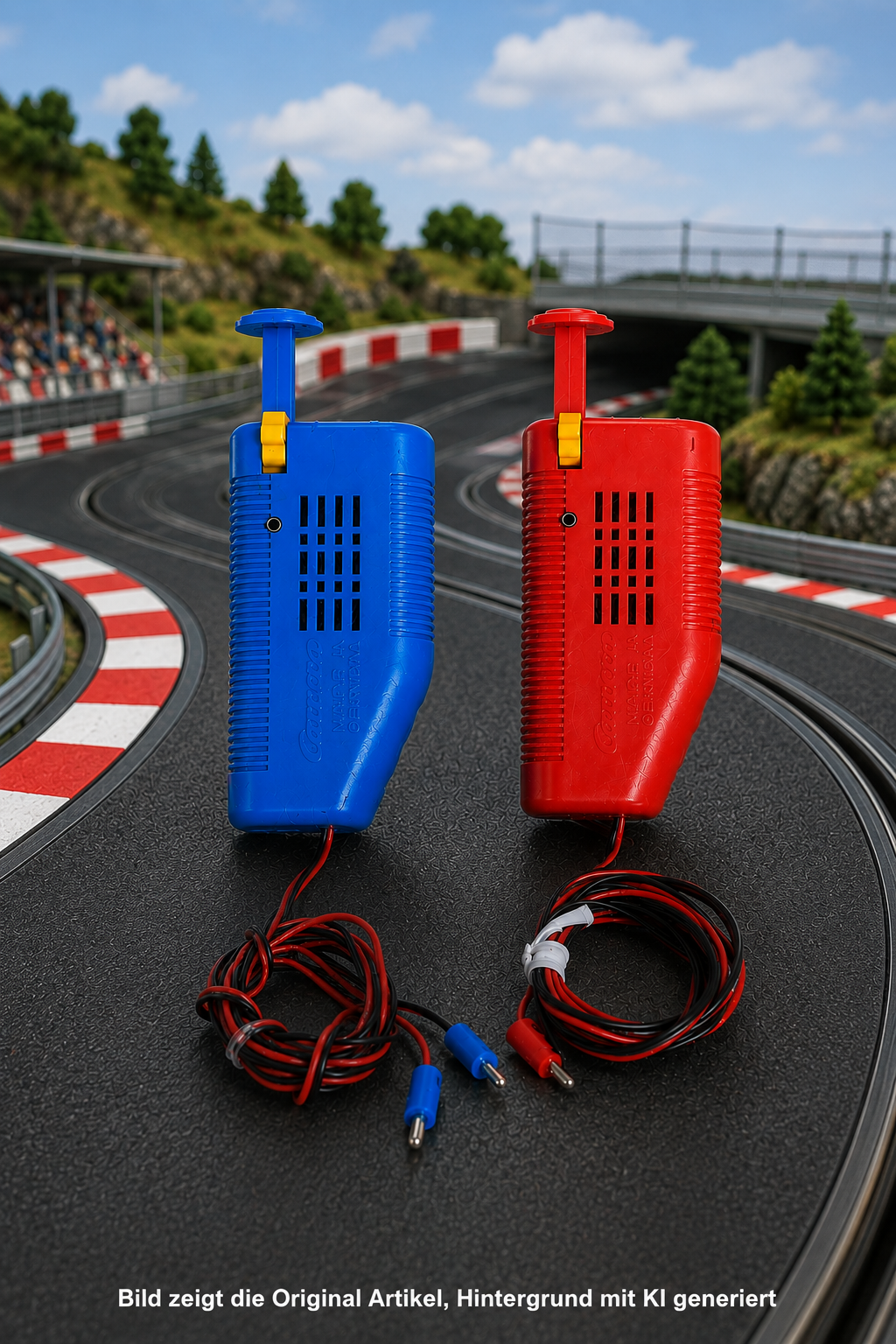 2 Carrera Handregler – blauer und roter Geschwindigkeitsregler mit Anschlusskabeln auf einer Slotcar-Rennbahn