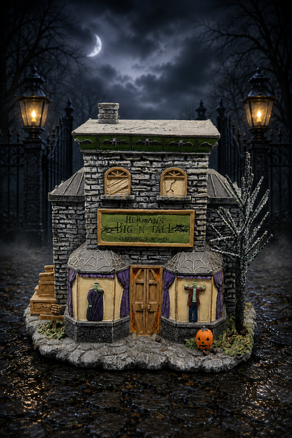 Hawthorne Village The Munsters – Herman's Big 'n Tall beleuchtetes Sammlergebäude mit Spinnweben, Kürbis und Mondschicht-Hintergrund