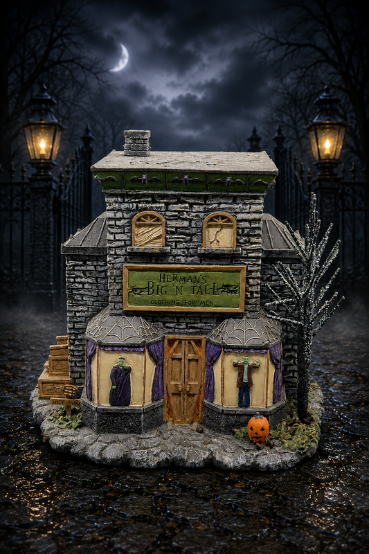 Hawthorne Village The Munsters – Herman's Big 'n Tall beleuchtetes Sammlergebäude mit Spinnweben, Kürbis und Mondschicht-Hintergrund