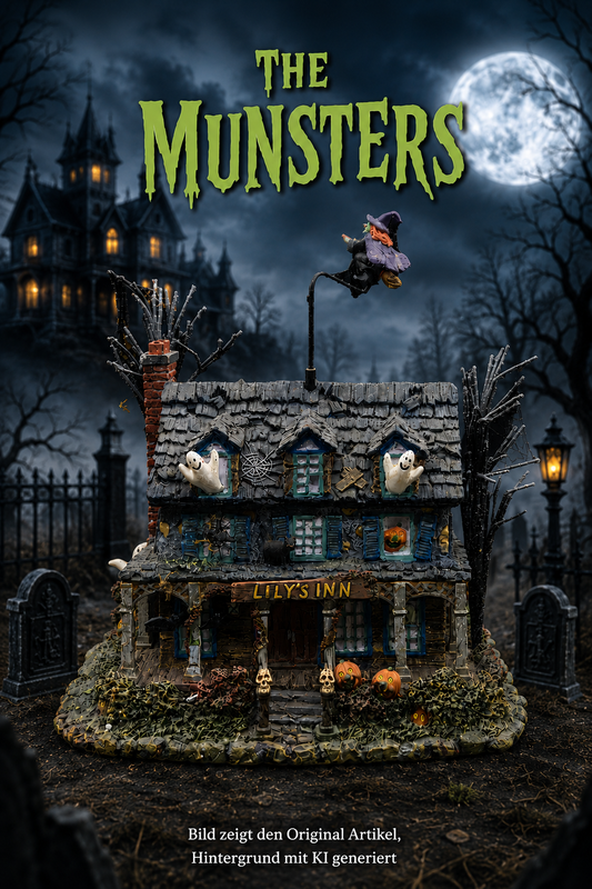 Hawthorne Village The Munsters Lily's Inn – detailreiches Sammlergebäude mit Innenbeleuchtung, Geistern, Kürbissen und fliegender Hexe auf dem Dach