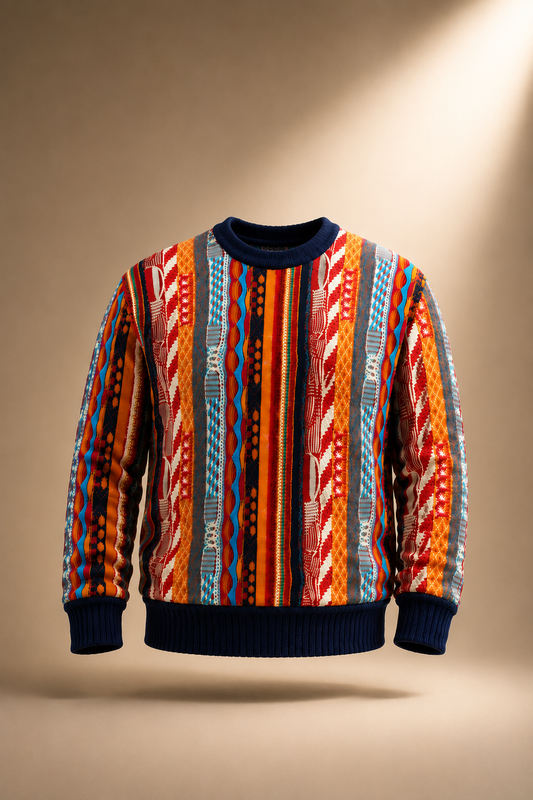 Bunter Vintage Strickpullover mit mehrfarbigem Streifenmuster in Orange, Rot, Blau und Grau – Rundhalsausschnitt, 90s Style