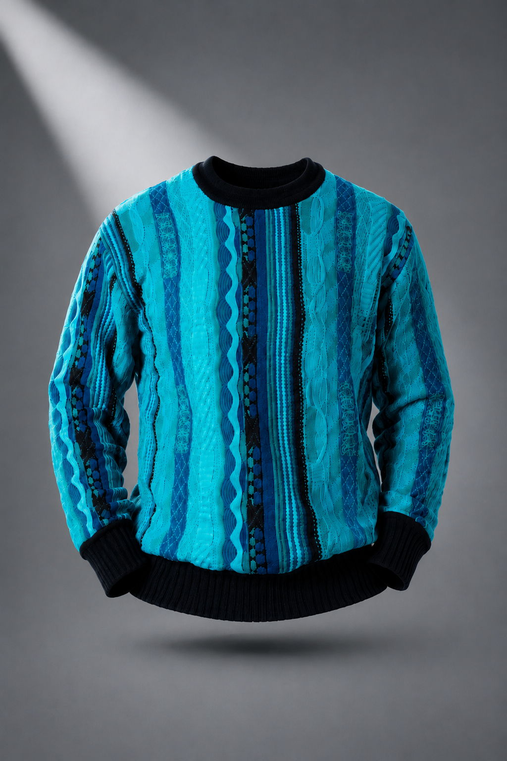 Carlo Colucci Herren Sweatshirt Blau Türkis mit vertikalem Streifenmuster und 3D-Strickstruktur, Rundhalsausschnitt, schwarze Bündchen, Größe XL – Retro Design, 100% Baumwolle