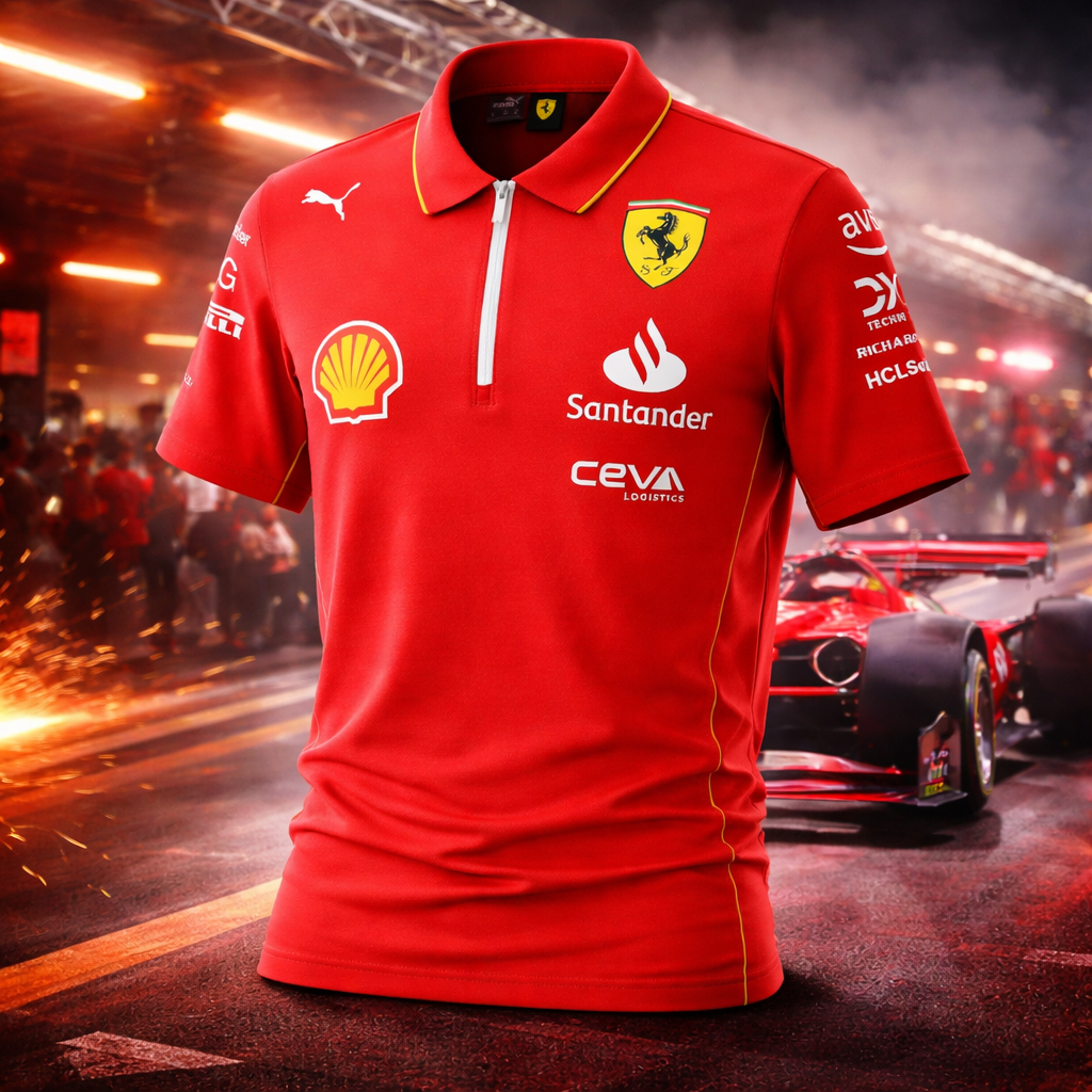PUMA Scuderia Ferrari F1 Polo Shirt Reißverschluss Rot Gr. XL – Frontansicht Shell Santander 