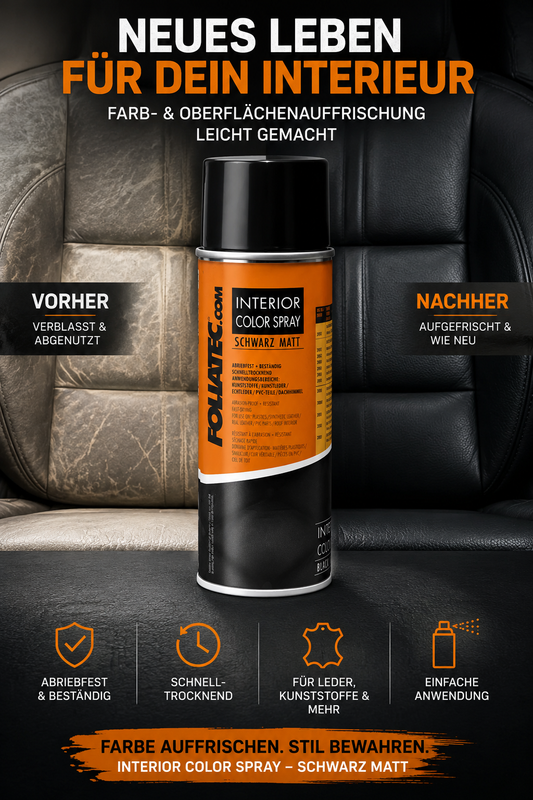 Foliatec Interior Color Spray Schwarz Matt – Vorher/Nachher Vergleich auf Autoleder, abriebfest und schnelltrocknend