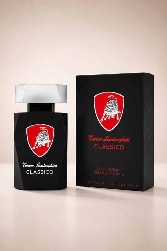 Tonino Lamborghini CLASSICO Eau de Toilette 125ml – schwarze Flasche mit rotem Wappen-Logo und Originalverpackung